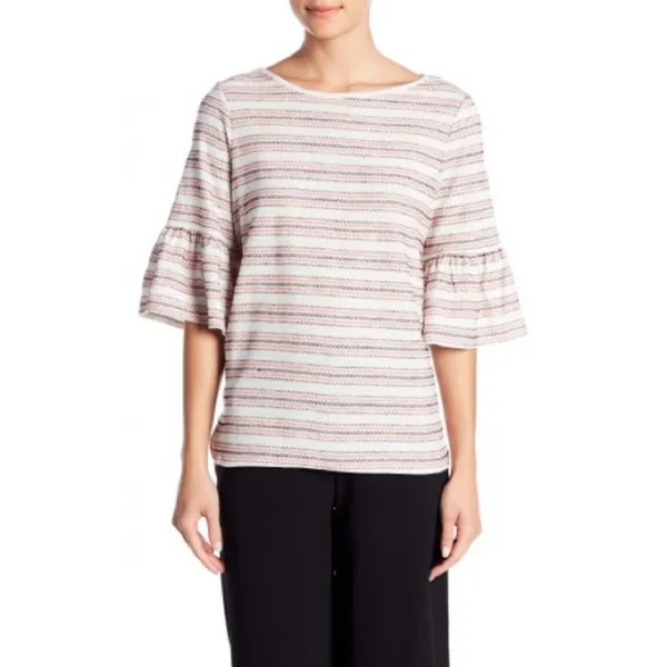 Max Studio Striped Bell Sleeve Top Cream Red Black Textured Size Medium NWT - Image 2