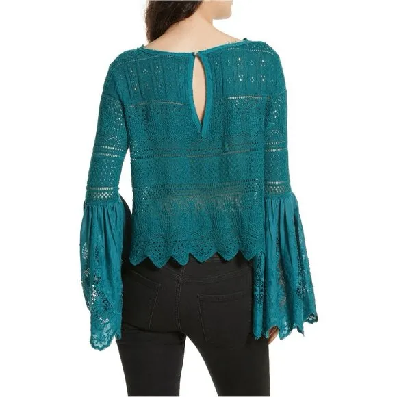 Free People Once Upon A Time Teal Lace Knit Bell Sleeve Top Fairy Boho - Image 2