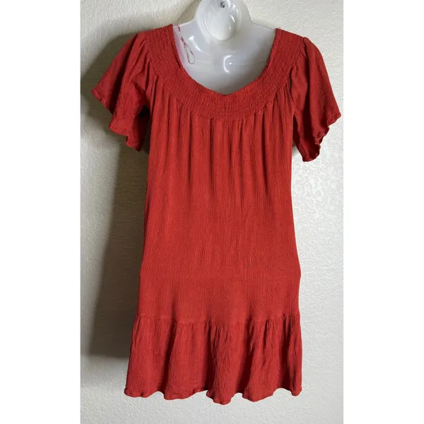 Flying Tomato Womens M Tunic Top‎ Rust Orange Crochet Lace Boho Ruffle Peasant - Image 2
