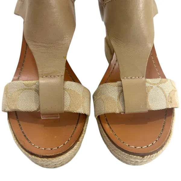Coach Khaki Leather Signature Canvas Mendez Cork Wedges Sandals - Image 4