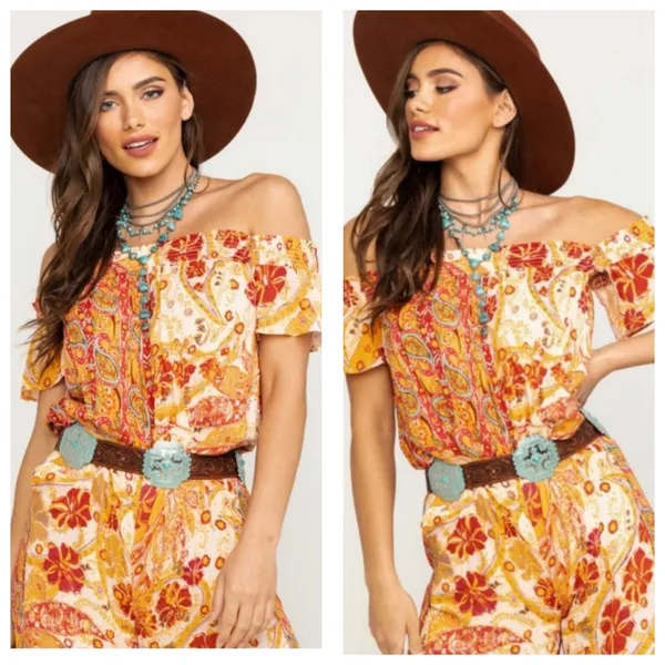 NWT Free People Carmen Jumpsuit Off Shoulder Floral Wide Leg Size Small Bohemian - Image 9