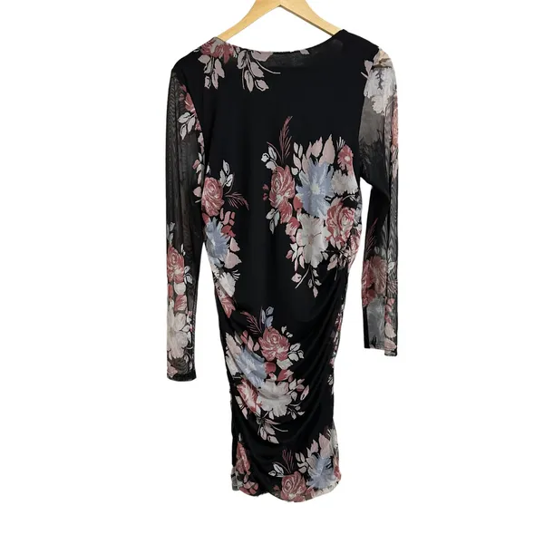 Lisa & Lucy mesh side ruched maternity black floral dress size Large‎ NEW $108 - Image 3