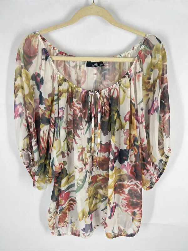a.n.a Sheer Floral Peasant Blouse in‎ Cream, Green, Pink - Image 2
