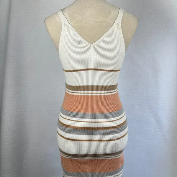 Striped Ribbed Knit Midi Dress‎ Spaghetti Strap V Neck Bodycon Womens Small - Image 5