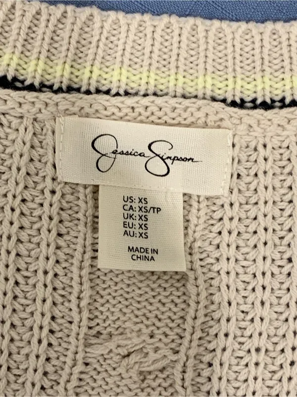 Jessica Simpson Beige Cable Knit Ribbed Trim V-NECK Cardigan XS - Image 3