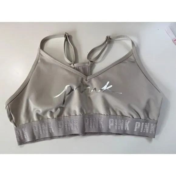 Victorias Secret PINK‎ Silver Metallic Logo Sports Bra Gray Racerback Medium - Image 2