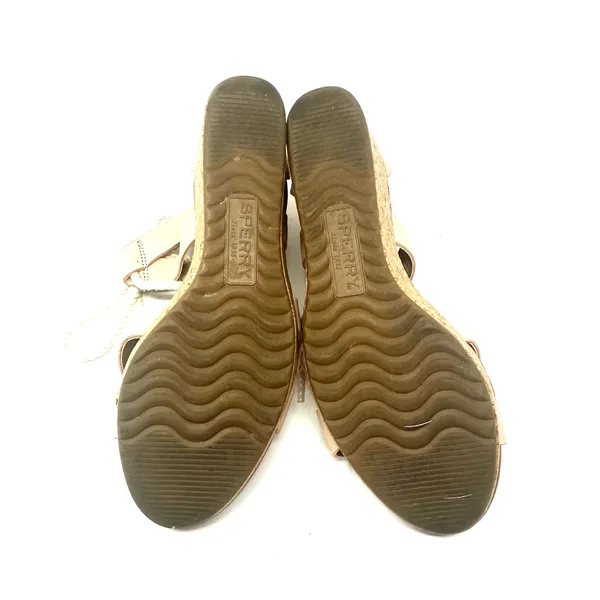 Sperry Size 8 Heels Beige Nude 3" Wedge Heel Sandals Ankle Tie Open‎ Toe Strappy - Image 7