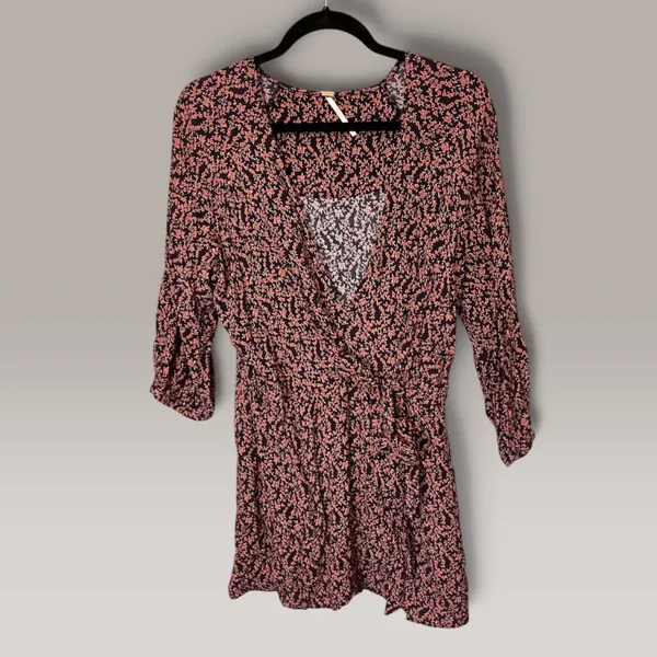 Free People Women Black Pink Floral Ruffle Wrap Dress 3/4 Sleeve Size L - Image 2