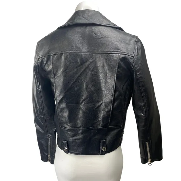 Sleek Chic Black Faux Vegan Leather Asymmetric Zip Long Sleeve Moto Jacket Sz S - Image 2