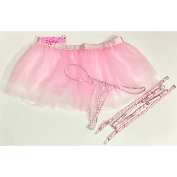 Macy's NEW SET Pink Tulle Mesh Sheer Layered Micro Mini Lace G-String Thong Garters L - Image 7