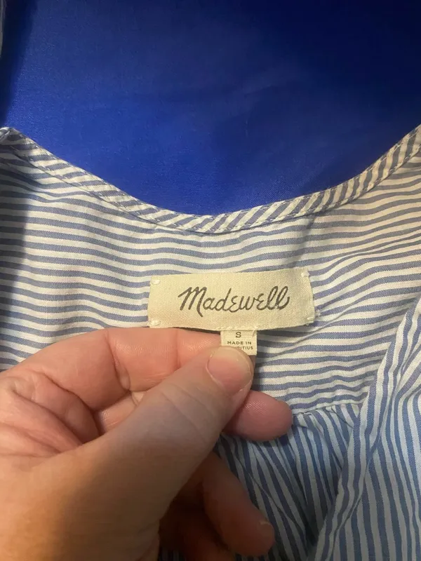 Women’s Madewell Blue and White Striped cropped shirt with tie - Image 9