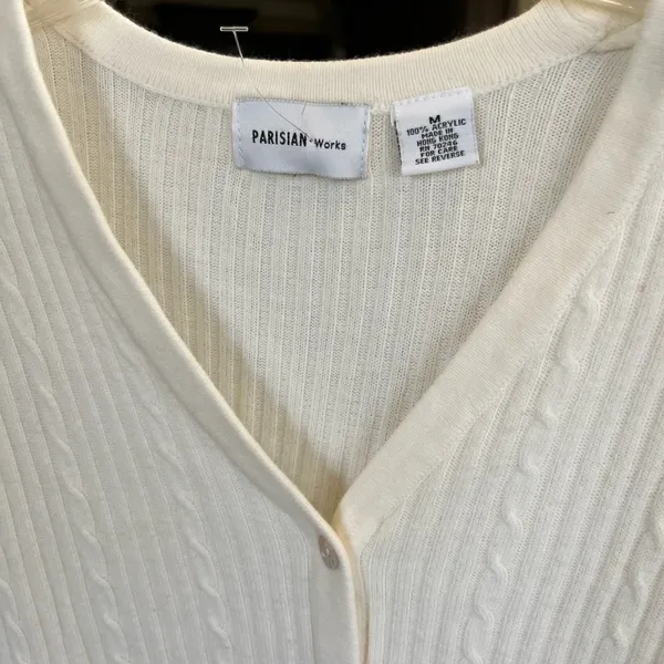 Vintage Classic Cable Knit Cardigan Cream Acrylic Lightweight Sweater Womens M - Image 7