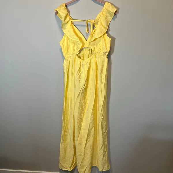 Vero Moda Josie SL Ankle Frill Dress Yellow Ruffle Cutout Maxi Pale Banana L NWT - Image 4