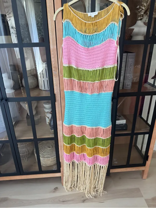 Mable fringe crochet dress Vacation Worthy Maxi Coverup colorful resortwear aqua - Image 2
