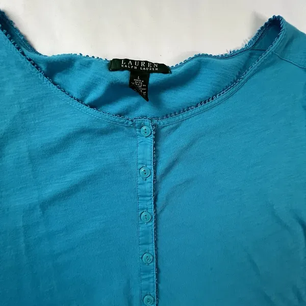 Lauren Ralph Lauren Knit Top Women Large Blue Drawstring Waist Tassel 3/4 Sleeve - Image 3