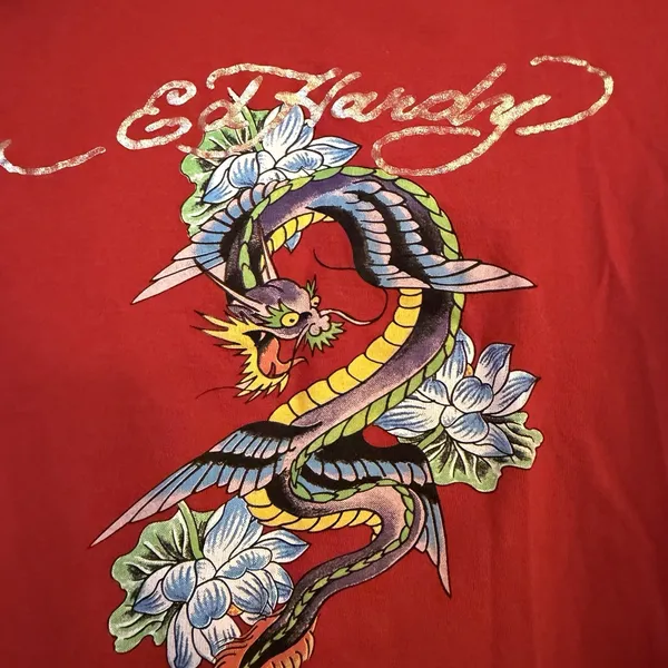 Vtg‎ Ed Hardy Tshirt Single Stitch Red Women Medium Cropped Y2K Dragon 80s 90s - Image 5