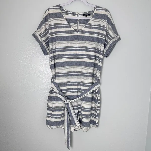 MADEWELL Size-M Romper Perimeter Striped Linen Blend Navy Blue Belted - Image 5