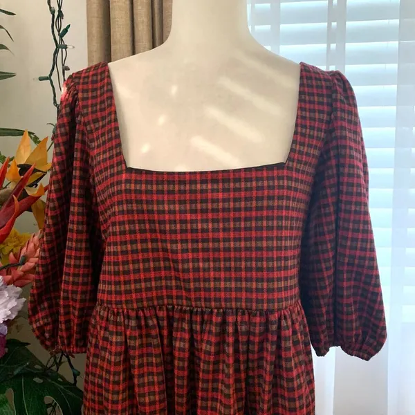 Hutch Square Neck Puff Sleeve Checker Plaid Mini Dress in Red Multi - Image 3