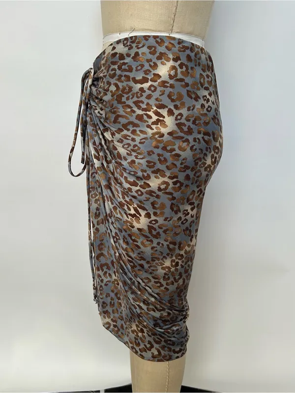 Miou Muse Leopard Satin Pencil Skirt in Gray & Brown - Image 2