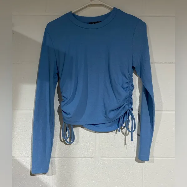 Zara Sky Blue Ruched Long Sleeve Top large - Image 2