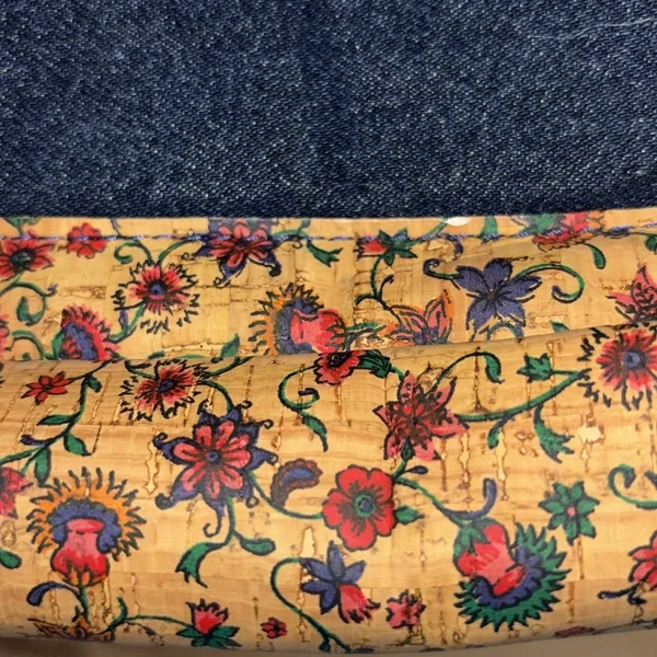Blue Denim Handbag With Floral Corklike Design On Bottom & Handles Red Interior - Image 3