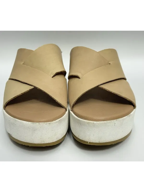 Sorel Cameron Flatform Slide Sandal Women 8.5 Beige Leather Criss Cross Platform - Image 5