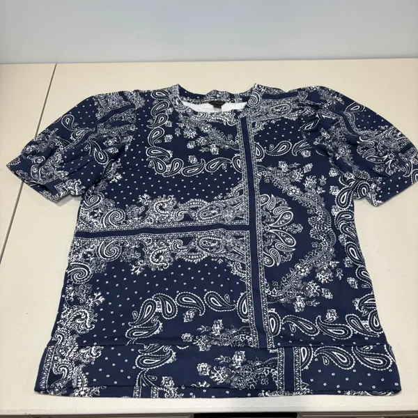 Ann Taylor Blue Bandana‎ 100% Cotton Top Balloon Sleeves Medium Casual - Image 3