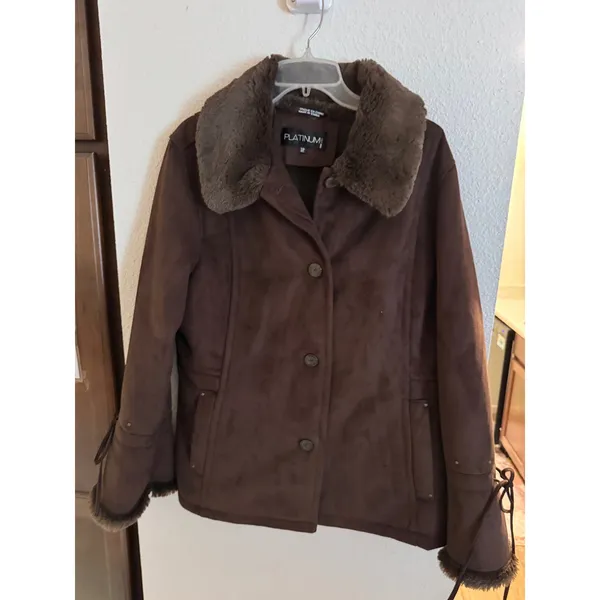 Platinum by Utex Brown Faux Suede Jacket Faux Fur Trim Lace Up Sleeves XL - Image 2