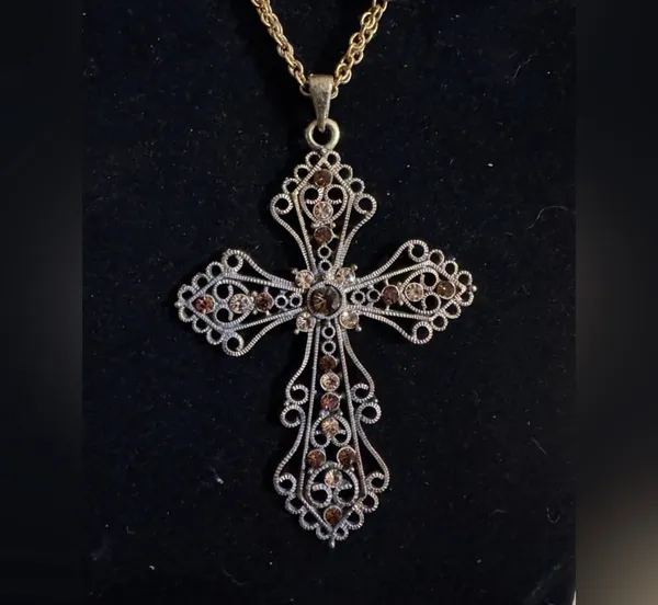 Long Layered Gold Tone Beaded Cross Rhinestone Necklace - Image 2