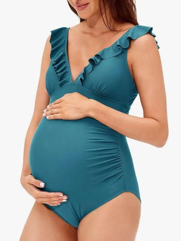 Summer Mae Ruffle Maternity Swimsuit One Piece V-Neck Pregnancy Bathing Suit Lace Up Swimwear - Image 2