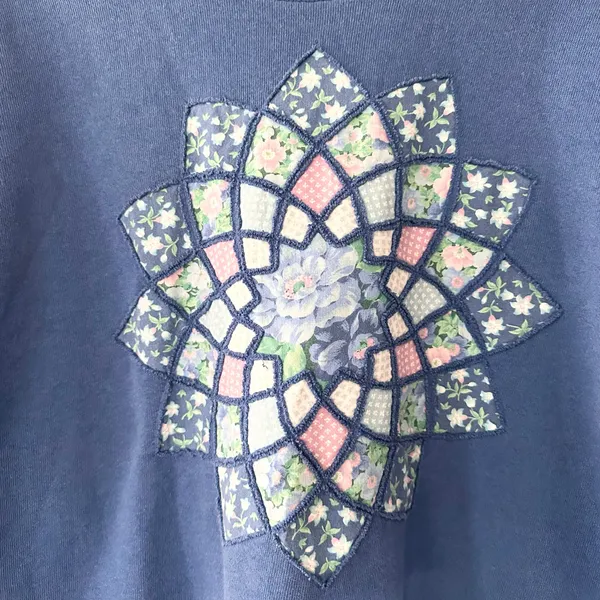 Jerzees Vintage Blue Crew Sweatshirt Embroidered Floral Patchwork Starburst Med - Image 7