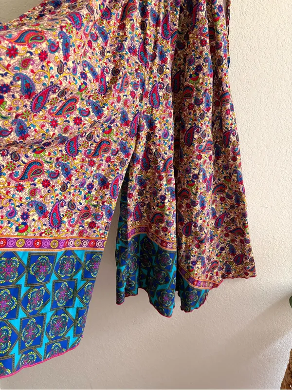 Handmade Boho Paisley Wide Leg Palazzo Pants Smocked Waist Floral Border XS/S - Image 4