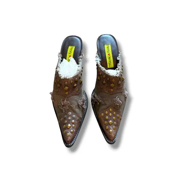 Penny Loves Kenny Mules Womens 7 Brown Studded Frayed Canvas Western Heels - Image 2