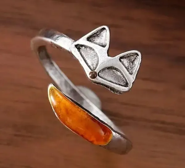 Fox ring with amber tail 5, 6, 7, 8, 9 adjustable size silver metal orange gift - Image 2