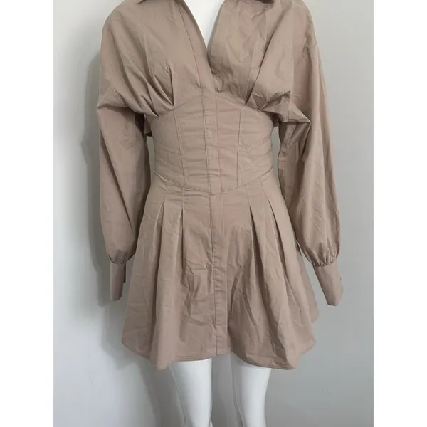 Bershka Tan Corset Mini Dress Women’s S Long Sleeve Open Back Lace-Up - Image 2