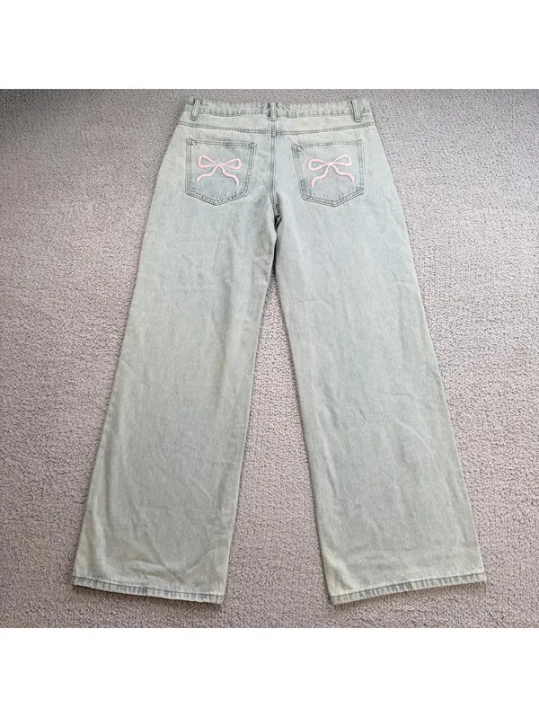Edikted Bow Pocket Relaxed Jeans Womens M 32 Light Wash Wide Leg Coquette Denim - Image 2