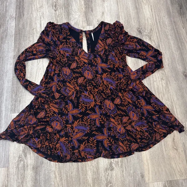 Free People Hello Lover Tunic Womens Floral Paisley Black Orange Size Medium‎ - Image 3