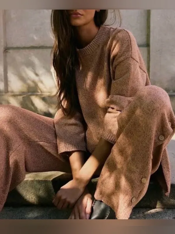Free People Free-est Button Up Sweater Pants Wide Leg in Chutney Sand L - Image 2