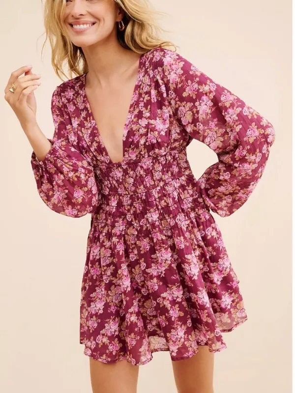 NWT Free People Keep You Mini Dress in Berry Combo Long Sleeve Floral Size Small - Image 2