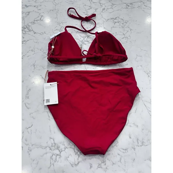 NWT Quince Cherry Red Italian Triangle Bikini Top & High Rise Bottoms Set Large - Image 2