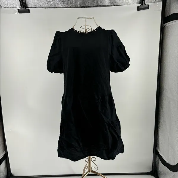 Zara Black 100% Cotton Puff Sleeve Mini Dress Crew Neck Size Medium - Image 2
