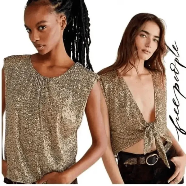 Free People Gold Sequin Lost In Your Light Tie Front Tank Top Small - Image 12