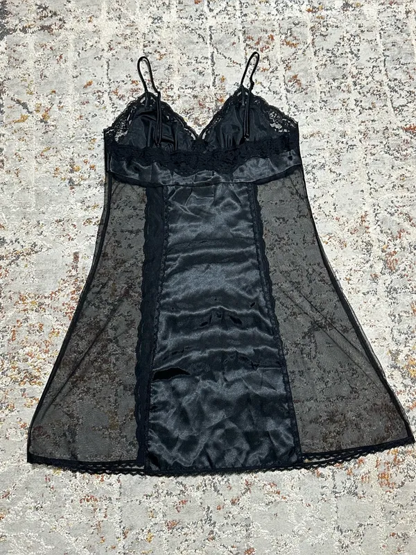 Vintage Fredericks of Hollywood black satin sheer mesh chemise slip dress size M - Image 3
