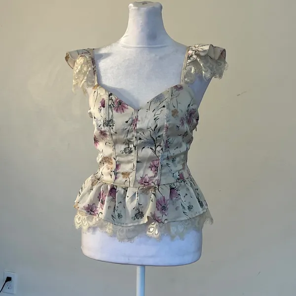 Floral Lace Corset Peplum Top Cream Purple Cottagecore Flutter Sleeve Bustier - Image 9