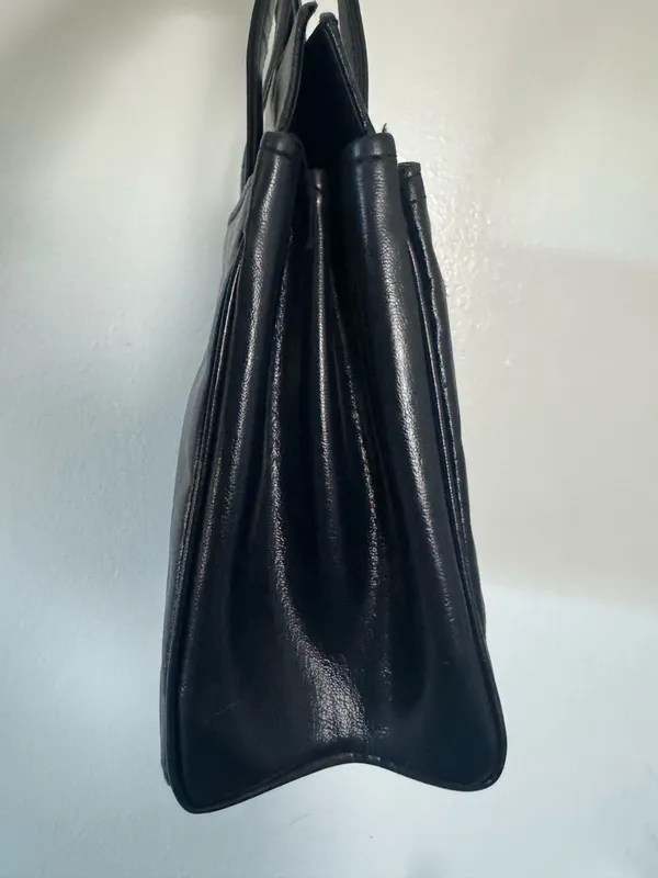 Black vintage Leather Shoulder Bag with Drawstring Detail - Image 3