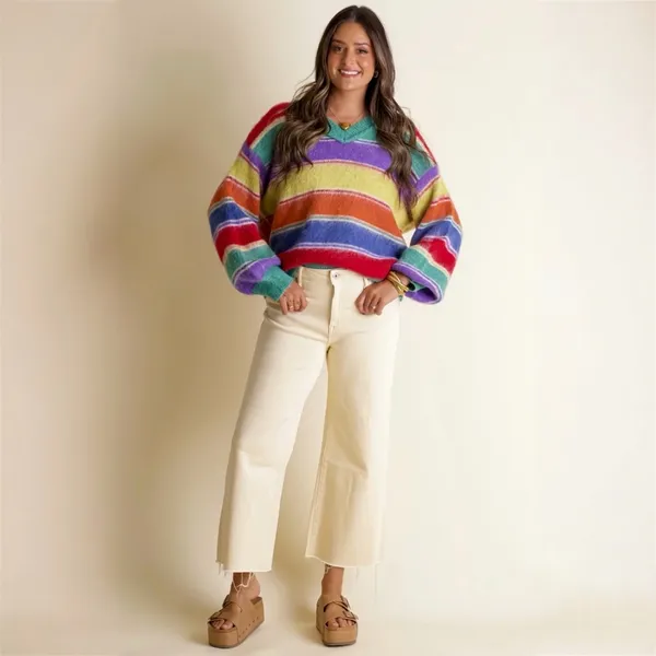 POL Multicolor Striped V-Neck Sweater Women’s Size Large - Image 4