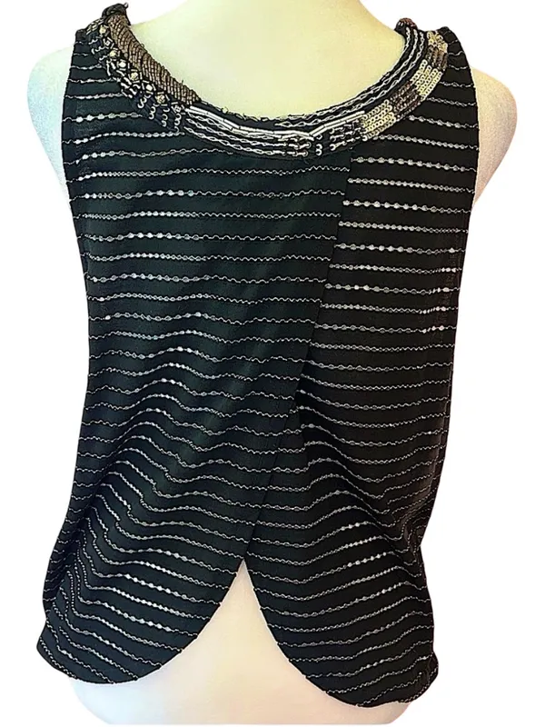 Free People Aztec Louie Beaded sequin Tank Black Striped Split Back Boho glam M - Image 2