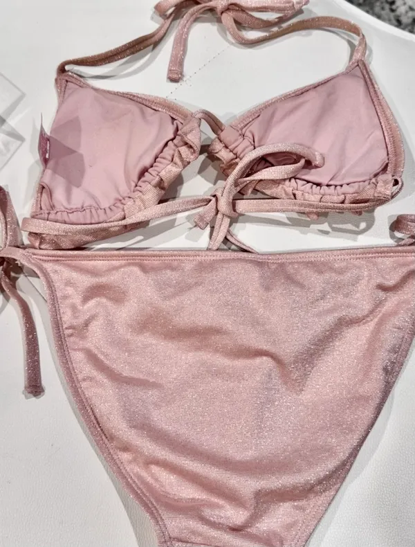 Xhilaration Pink Sparkly Metallic Ruffle Triangle Tie Bikini Set - Image 2