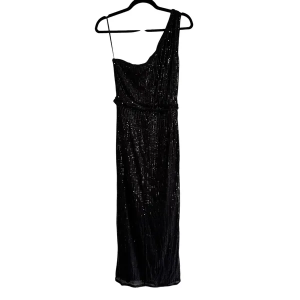 Grace Karin Black Sequin One Shoulder Maxi Dress Ruched Formal Gown Size L - Image 9