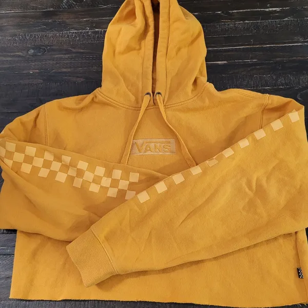 Vans Yellow Cropped Hoodie Women’s Large Checkered Logo Pullover Sweatshirt - Image 3